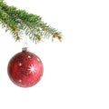 Red Christmas glass ball hanging on fir tree branch isolated on white Royalty Free Stock Photo