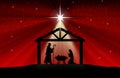 Red Christmas greeting card banner background with Nativity Scene in the desert. Royalty Free Stock Photo