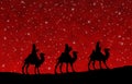 Red Christmas greeting card banner background with Three Wise Men in the desert. Royalty Free Stock Photo