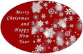 Red Christmas greeting card in sticker format - Merry Christmas and happy new year lettering - white snow stars Royalty Free Stock Photo