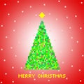 Red Christmas greeting from green Christmas tree of green pixels, small green squares with red squares with gold star and snow on
