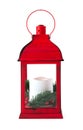 Red Christmas lantern with white candle with pine branches on a white background Royalty Free Stock Photo