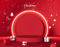 Red Christmas mockup stage with empty platform for product presentation. Christmas banner with gift box and decoration