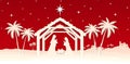 Red Christmas Nativity scene background. Greeting card illustration. Royalty Free Stock Photo