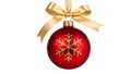 Red Christmas ornament with gold bow and snowflake design isolated on white background Royalty Free Stock Photo