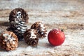 Red christmas ornament pine cones on wooden Royalty Free Stock Photo