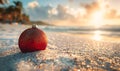 a red christmas ornament is sitting on the beach at sunset Royalty Free Stock Photo