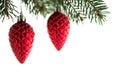 Red christmas ornaments cones on the xmas tree on white background isolated. Royalty Free Stock Photo