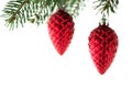 Red christmas ornaments cones on the xmas tree on white background isolated. Royalty Free Stock Photo