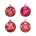 Red Christmas ornaments set isolated on white background, hand painted decorative Christmas balls in watercolor Royalty Free Stock Photo