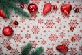 Red Christmas ornaments and xmas fir on canvas background with red glitter snowflakes Royalty Free Stock Photo