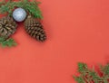 Red Christmas paper background decorated with green pine leaves