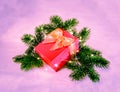Red Christmas present box decorated with golden ribbon and bowknot on fir tree branches on neon background