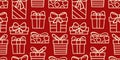 Red Christmas present vector pattern background, gift box seamless repeat wallpaper or textile print, holiday background with hand Royalty Free Stock Photo