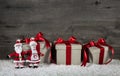 Red christmas presents on wooden grey background with mr. and mr Royalty Free Stock Photo