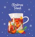 Red christmas punch with cinnamon, citrus, rosemary, apple, cranberry and wine or ale. Celebration vector purple background.