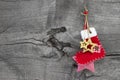 Red christmas or santa boot on a wooden old shabby country style