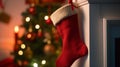 Red christmas sock on fireplace mantle.