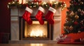 Red christmas sock on fireplace mantle.