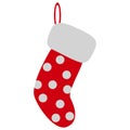 Red Christmas sock with snowfall. White fur, wool, stocking, dots. Xtmas concept. Vector illustration can be used for Royalty Free Stock Photo
