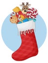 Red christmas stocking with gifts and sweets, stock vector illustration. Royalty Free Stock Photo