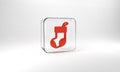 Red Christmas stocking icon isolated on grey background. Merry Christmas and Happy New Year. Glass square button. 3d Royalty Free Stock Photo