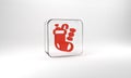 Red Christmas stocking icon isolated on grey background. Merry Christmas and Happy New Year. Glass square button. 3d Royalty Free Stock Photo