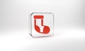 Red Christmas stocking icon isolated on grey background. Merry Christmas and Happy New Year. Glass square button. 3d Royalty Free Stock Photo