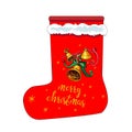 Red christmas stocking with jingle bells and lettering merry christmas isolated on the white background. Vector illustration Royalty Free Stock Photo