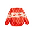 Red Christmas sweater with norwegian ornament, knitted warm jumper with reindeers vector Illustration on a white