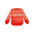 Red Christmas sweater with norwegian ornament, knitted warm jumper vector Illustration on a white background