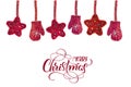 Red christmas toys stars and mittens non white background and text Merry Christmas. Hand drawn lettering Vector Royalty Free Stock Photo