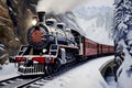 The red Christmas train leaves the tunnel on a winter day, a fabulous atmosphere, Alpine mountains and forest around