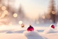 Red Christmas tree decoration or Christmas ball decor sit on the white snow and beautiful blur soft dreamy winter atmosphere and Royalty Free Stock Photo