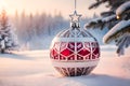 Red Christmas tree decoration or Christmas ball decor sit on the white snow on holiday snowy beautiful soft dreamy winter