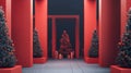 Red Christmas tree and gift boxes in front of door in red and black interior. 3D image Royalty Free Stock Photo