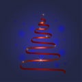 Red Christmas tree from ribbon vector background. Blue background
