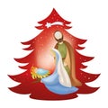 Christmas tree nativity scene with holy family on red background Royalty Free Stock Photo