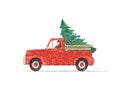 Red Christmas Truck With Green Fir Tree At The Body, Man Driving. Pickup Car Go Snow, Blizzard. Vector Illustration