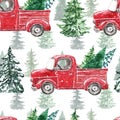 Red Christmas truck seamless pattern on white background. Holiday motif, vintage red pickup car with pine fir trees and snow Royalty Free Stock Photo