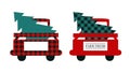 Red Christmas truck with tree. Buffalo plaid texture. Farm fresh Christmas trees delivery. Vector isolated illustration Royalty Free Stock Photo