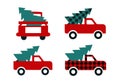 Red Christmas trucks with tree. Buffalo plaid texture. Farm fresh Christmas trees delivery. Set of vector isolated truck