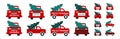 Red Christmas trucks with tree. Buffalo plaid texture. Farm fresh Christmas trees delivery. Set of vector isolated truck Royalty Free Stock Photo