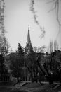 Red church in Arad, Romania in black and white