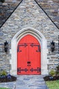 Red church doors of old church in countryside, rural America Royalty Free Stock Photo