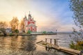 Red church on side of Pleshcheevo lake in Pereslavl-Zalessky Royalty Free Stock Photo