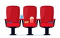 Red cinema armchair with soda, popcorn and 3d glasses. Cinema poster, banner design for movie theater. Vector illustration