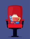 Red cinema armchair with soda, popcorn and 3d glasses. Cinema poster, banner design for movie theater. Vector illustration