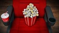 Red cinema chair with popcorn and soda. 3D illustration