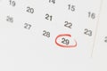 Red circle mark on february 29th day on calendar